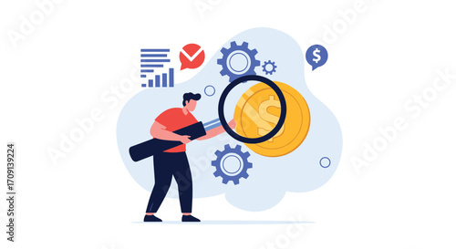 Analyzing financial data with magnifying glass and gears for business growth. 