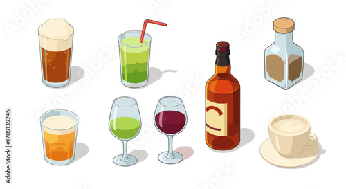Selection of various drinks in isometric style with beer, wine, coffee, and more