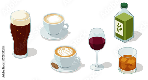 Isometric beverage collection: coffee, wine, beer, and spirits in modern design