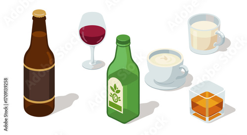 Isometric beverage assortment: beer, wine, juice, coffee, whiskey