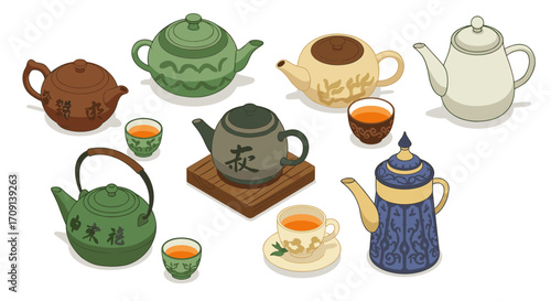 Traditional teapots and teacups collection in isometric style