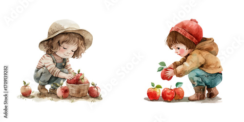child picking apples watercolor vector illustration