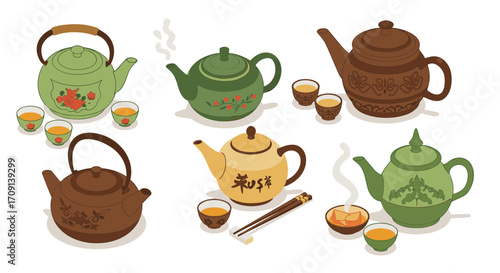 Charming teapot collection in traditional asian style with intricate patterns and teacups