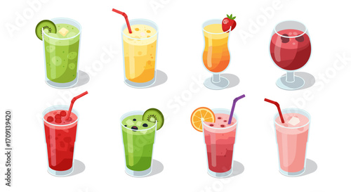 Vibrant set of refreshing fruit smoothie drinks with straws and fresh garnishes