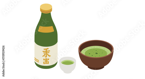 Isometric green tea set with traditional bottle and cups on white background