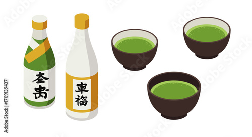 Isometric japanese sake bottles and green tea cups on white background