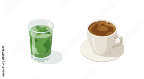 Refreshing mint tea and steaming coffee cup on a minimalist background
