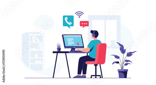 Person working at a computer at home with communication icons.