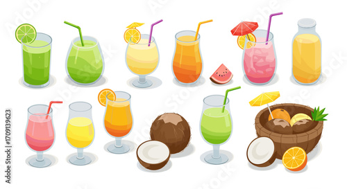 Refreshing tropical drink collection with fruits and umbrellas