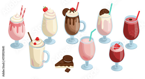 Colorful assortment of creamy milkshakes and smoothies with toppings