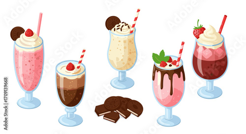 Delicious milkshake collection with cookies and berries in glasses with whipped cream