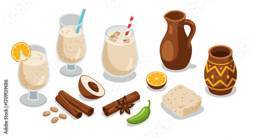Refreshing horchata and ingredients in isometric style with cinnamon and coconut