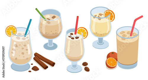 Variety of refreshing iced coffee drinks with garnishes