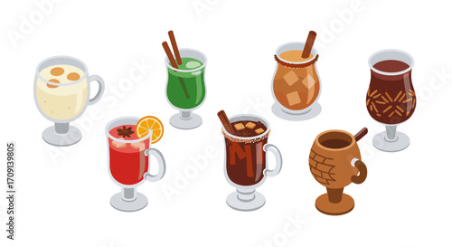 Festive drinks collection: warm beverages in isometric style with cinnamon and spices