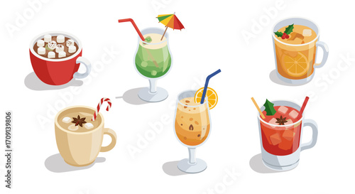 Festive isometric drinks collection featuring hot and cold beverages with straws and garnishes