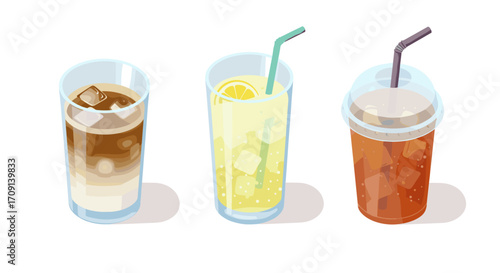 Refreshing iced beverages with straws in transparent glasses on white background