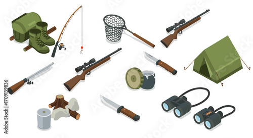Isometric camping gear collection featuring fishing and hunting equipment