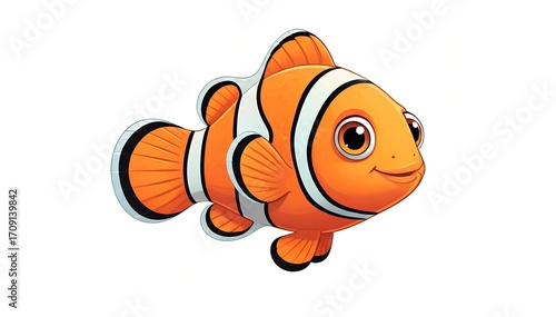 Adorable cartoon clownfish with bright orange fins and playful eyes swimming
