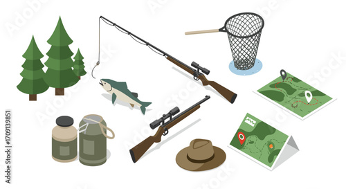 Isometric outdoor activities: fishing and hunting essentials with maps and gear
