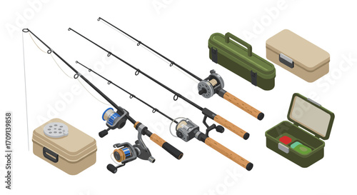 Isometric fishing gear collection featuring rods and tackle boxes