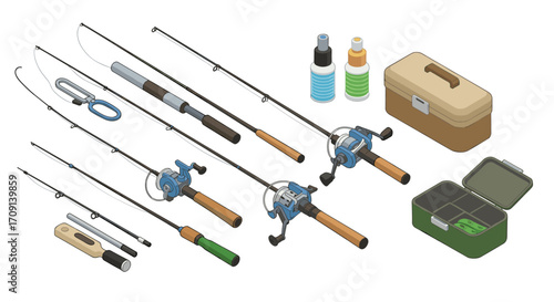 Fishing gear collection with rods, reels, and tackle boxes in isometric style