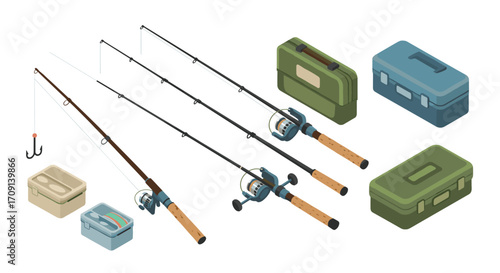 Isometric fishing gear set with rods and tackle boxes