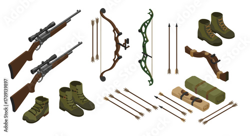 Isometric hunting equipment set: rifles, bows, arrows, and outdoor gear in olive green