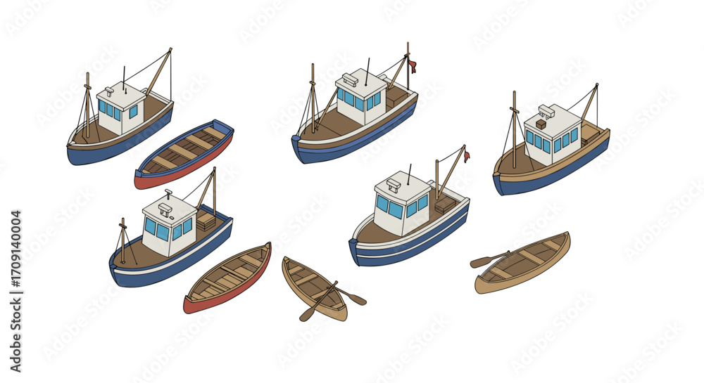 Obraz premium Colorful isometric fishing boats and rowboats collection on white background