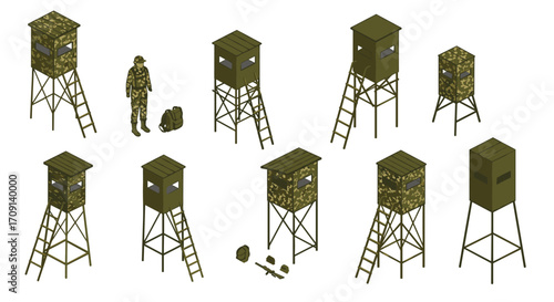 Isometric hunting towers and equipment with camouflage in various designs