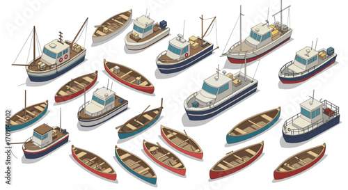 Nautical isometric boats collection featuring fishing and rowing vessels