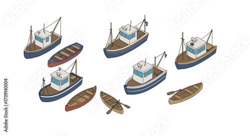 Colorful isometric fishing boats and rowboats collection on white background
