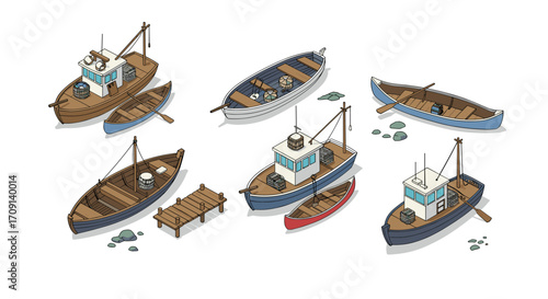 Charming isometric fishing boats with pier and rocks on white background
