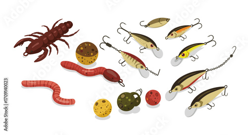Colorful fishing lures and baits collection on white background