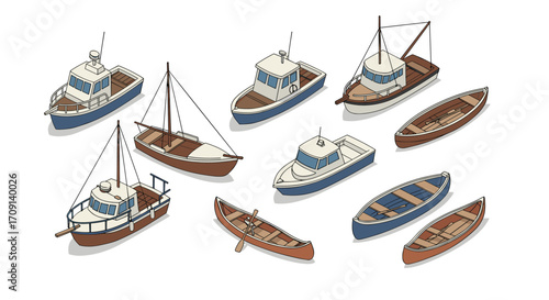 Collection of hand-drawn boats: canoes, yachts, and more on white background