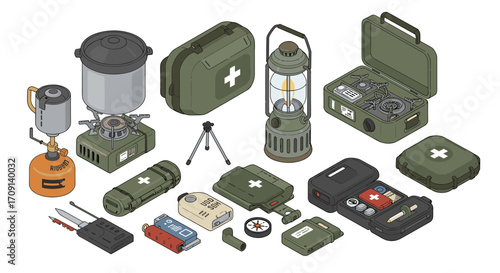 Isometric camping gear and emergency supplies for outdoor adventures
