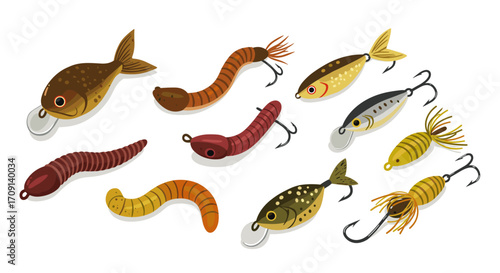 Colorful fishing bait set with lures and worms for angling enthusiasts