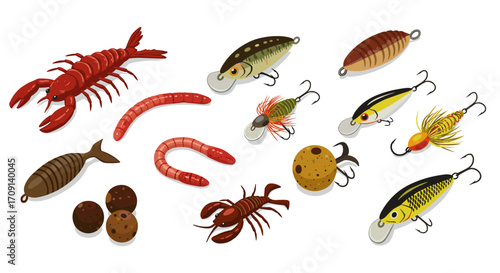 Colorful fishing lures variety with realistic 3d design and shadowing details