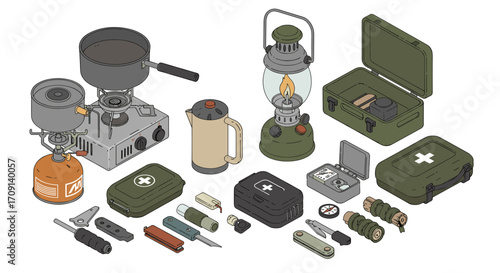 Isometric camping essentials: stove, lantern, first aid in flat design