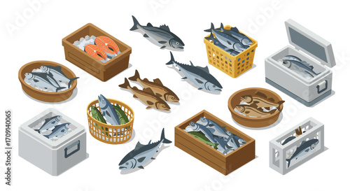 Fresh fish market scene with various seafoods and storage containers