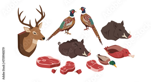 Wildlife trophies and game meat collection in abstract style