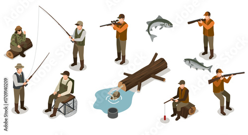 Isometric outdoor adventure scene with diverse fishing and hunting activities