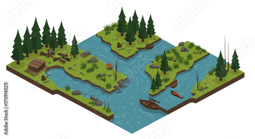 Isometric forest scene with river, canoes and wildlife