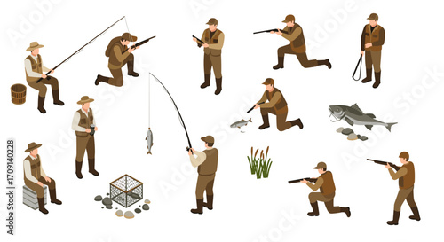 Isometric outdoor adventure: fishing and hunting scenes