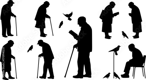Silhouettes of elderly people with canes reading and interacting with birds in a monochrome scene | eps vectors
