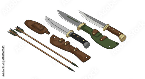 Set of hunting knives and arrows with leather sheaths in detailed art style