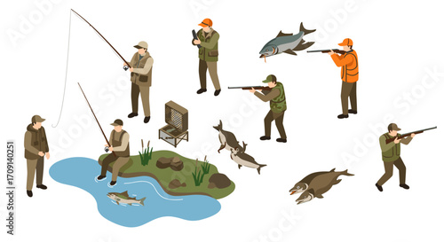 Outdoor adventure: men fishing and hunting in isometric style
