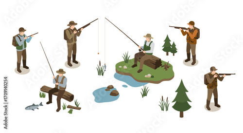 Isometric hunters and fishermen engaging in outdoor activities