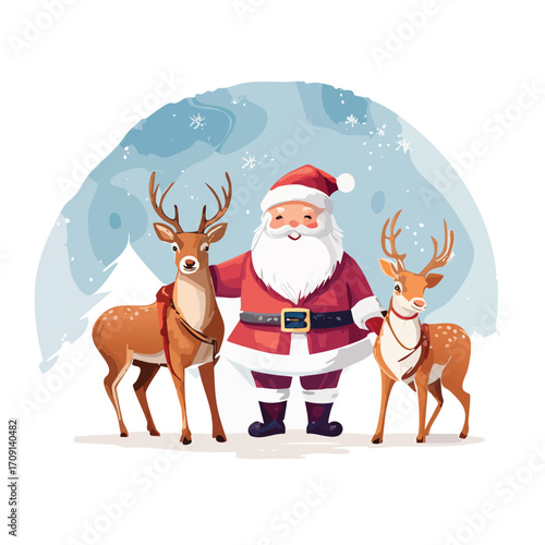 Jolly Santa Claus and his loyal reindeer spread festive cheer against a serene snowy backdrop, embodying the spirit of winter holidays and joyful giving in a charming illustration