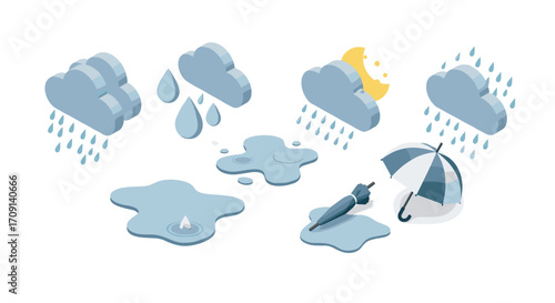Charming isometric weather icons featuring clouds, rain, umbrella, and moon elements on white background