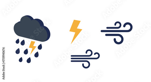Weather symbols set: rain, lightning, and wind in minimalist style